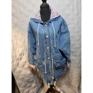 Vintage Stefano International Blue Denim Hooded Utility Chore Jacket Plaid Med